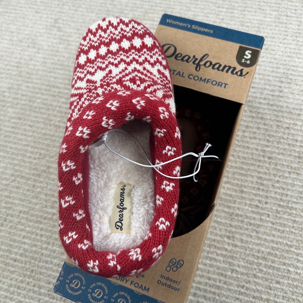 Dearfoams Diane Fairisle Clog Slippers Womens S 5-6 Red Holiday Cozy Cabin